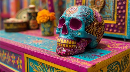 Fototapeta premium Brightly painted skull sits on a vibrant Mexican altar.
