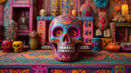 Fototapeta premium Brightly painted skull sits on a vibrant Mexican altar.