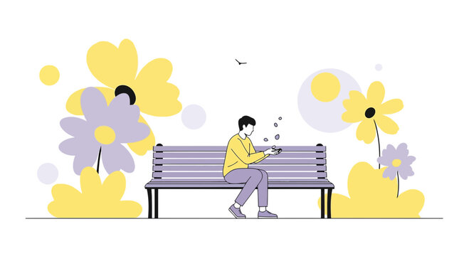Man Sitting on Park Bench Among Abstract Flowers, Peaceful Outdoor Scene