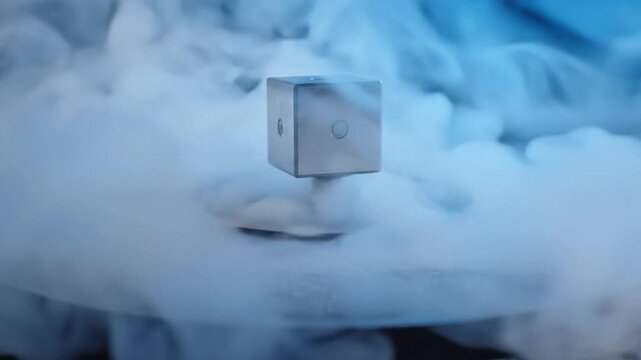 Dynamic ai-generated video of a floating cube in smoke studio environment captivating visual effects