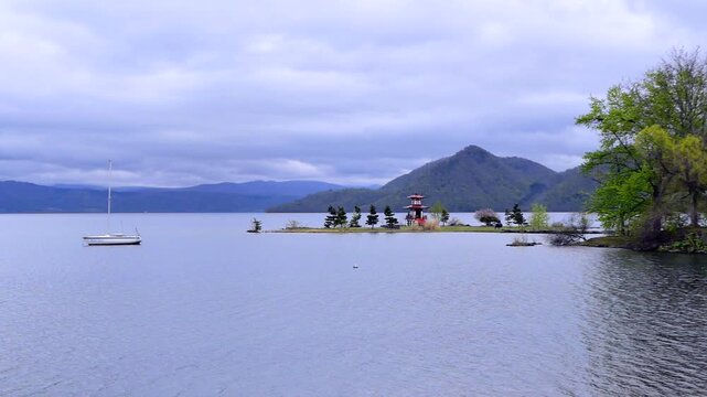 Ukimido Pavilion, Lake Toya in Spring