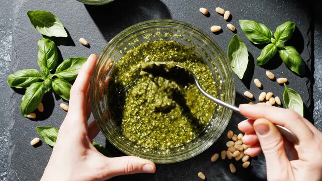 Making fresh green pesto sauce.