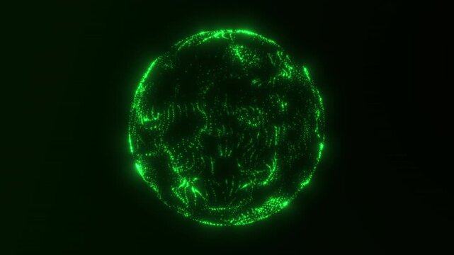Abstract green glowing particle sphere with flowing digital dots and energy wave structure, futuristic sci fi data orb with matrix style network on dark background seamless loop 4K