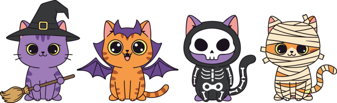 Cute Halloween cat characters set with witch, vampire bat, skeleton and mummy costumes, cartoon vector illustration collection