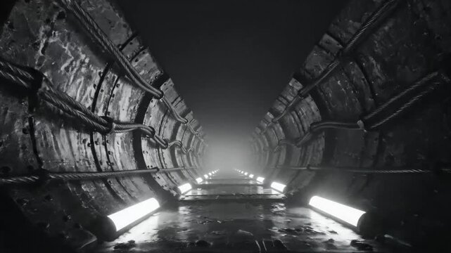 Futuristic industrial tunnel with glowing lights, a misty path leading into the unknown, and a dark foreboding aesthetic