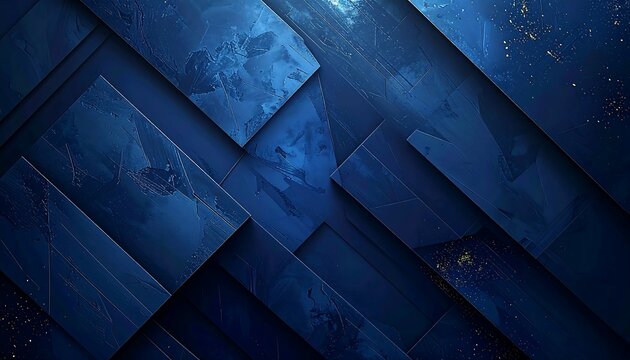 Geometric abstraction featuring layered, textured rectangles in varying shades of blue, with subtle gold accents, creating depth