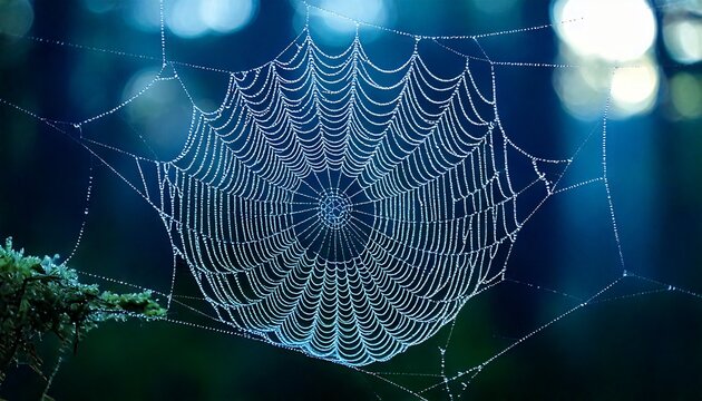 Detailed nature photography of a spider web with liquid metal