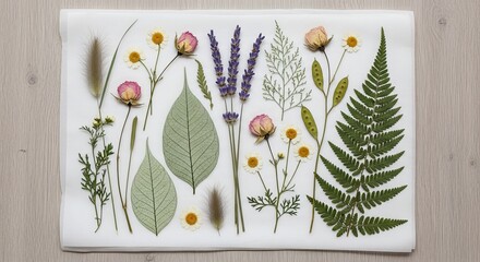 Fototapeta premium Collection of dried pressed flowers and leaves arranged meticulously on white paper, showcasing diverse botanical specimens for crafting.