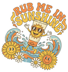 Fototapeta premium Anthropomorphic sun lotion tube character surfing waves among flowers