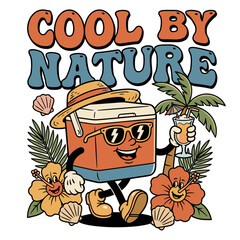 Anthropomorphic cooler with sunglasses holds tropical drink in summer scene