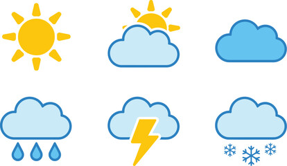 Obraz premium Weather forecast icon set, flat color vector symbols representing different weather conditions including sun clouds rain snow storm and seasonal climate.