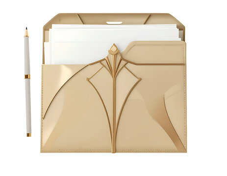 Elegant gold folder and pen with papers