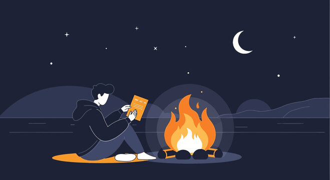 Man Reading Book by Campfire Under Night Sky with Moon and Stars