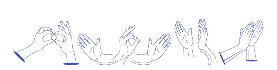 Obraz premium A series of hand gestures depicted in a simple blue line drawing style