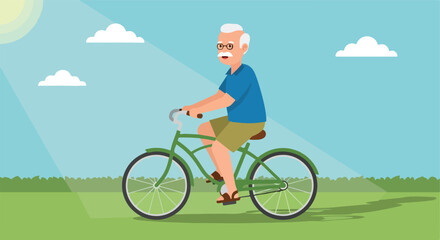 Fototapeta premium A happy senior man with white hair and glasses riding a green bicycle outside