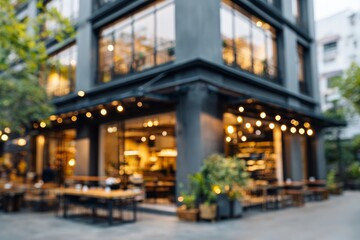 Fototapeta premium Contemporary urban establishment glows with warm string lights illuminating the outdoor seating area