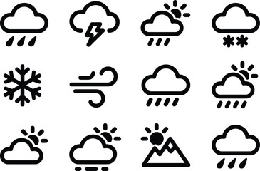 Obraz premium Weather forecast icons set, black and white vector illustrations including sun rain snow lightning wind and cloud symbols for meteorology apps and design.