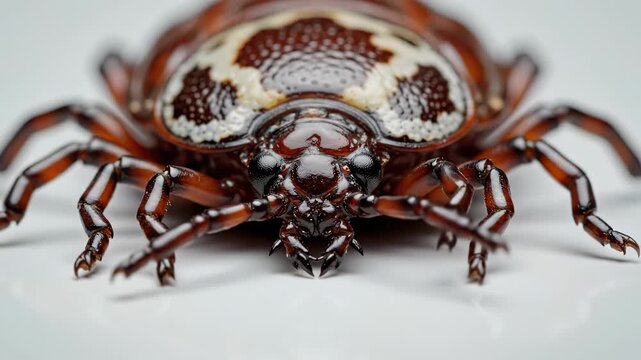 This video shows a tick crawling on a white surface, its brown and white markings clearly visible. Ticks are known to transmit diseases such as Lyme disease and Rocky Mountain spotted fever, making