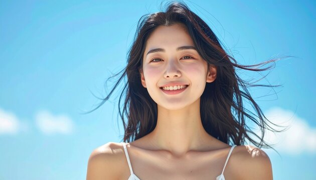 快晴の中で髪を風になびかせた若い日本人女性,A young Japanese woman with her hair blowing in the wind under a clear blue sky.	