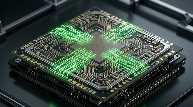 Advanced microchip with glowing green data streams, representing futuristic technology and powerful processing capabilities