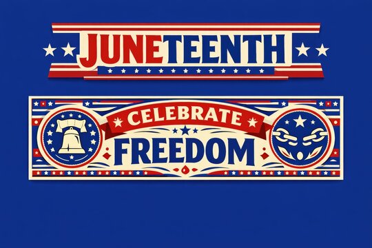 Juneteenth celebration banners with patriotic typography, celebrate freedom holiday signs, red white and blue commemorative graphics on blue background