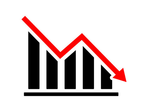Downward graph bar chart arrow vector icon negative trend stock market business loss concept, financial loss, market crash, economic downfall. Business analytics, statistics, report graph symbol.