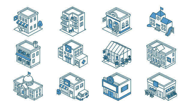 Collection of various isometric house and building designs.