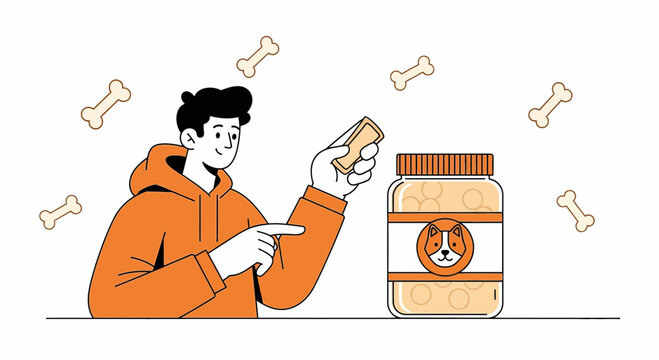 Man Offers Dog Food Supplement from Jar with Puppy Face Label