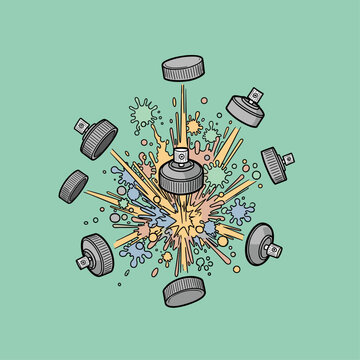 Bottles and caps flying in air.