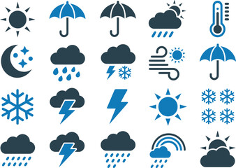 Obraz premium Weather forecast icons set, vector collection of various symbols representing different weather conditions and temperatures for app design and meteorology graphics.
