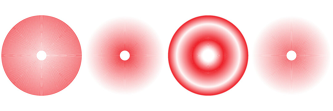 Pain red circles. Pain localization sign and pain pointings. Red rings. Sonar waves. Set of radar icons. Symbols for medical design. Vector illustration.