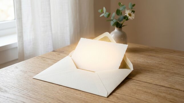 A serene scene featuring an open white envelope on a wooden table beside a vase with flowers