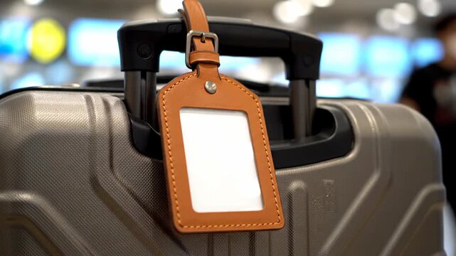 Brown leather luggage tag attached to a grey suitcase handle ready for travel
