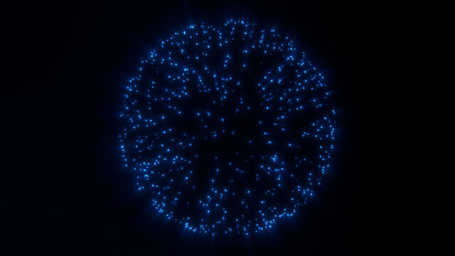 Abstract blue glowing particle sphere with dynamic light dots and radial energy burst effect, futuristic sci fi data orb with digital network motion on dark background seamless loop 4K