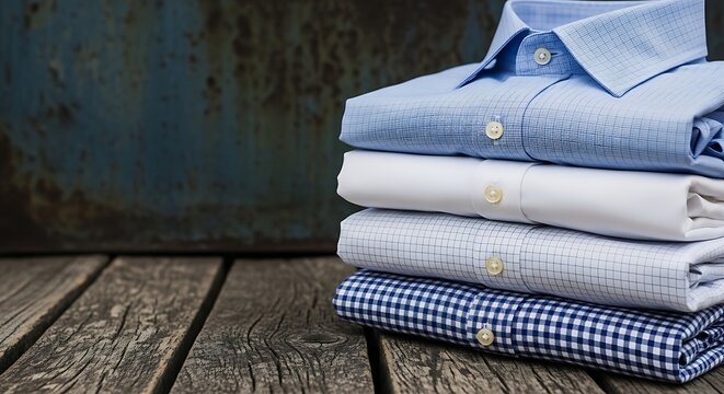 Stack of Folded Mens Dress Shirts on Wooden Table