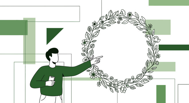 Man Points to Floral Wreath Circle with Abstract Geometric Background