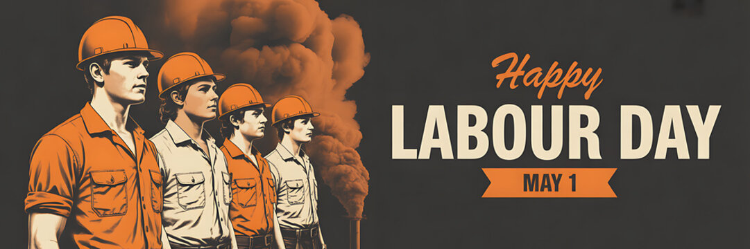 Five Industrial Workers In A Line With Smoke For Labour Day
