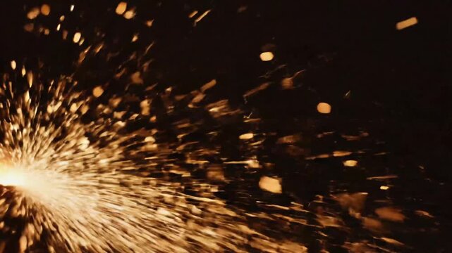 Bright golden sparks flying from metalworking process against dark background
