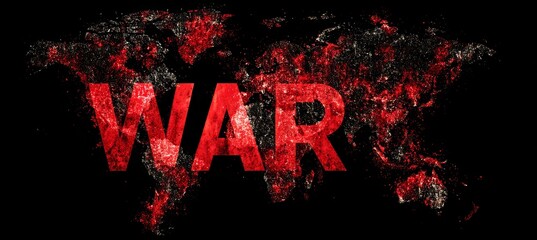 Obraz premium Red bloody war text with world map background. Generative AI technology.