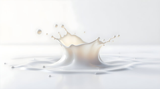 Fresh white milk crown splash macro shot on clean smooth surface with bright lighting studio photography style