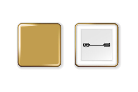 Gold badge mockup. Square badge button brooch. Realistic golden blank glossy quadrilateral button badge pin with white plastic back cover. Vector illustration.