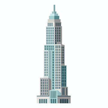 Stylized art deco skyscraper with stepped setbacks and a spire