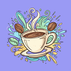 Steaming hot coffee cup on saucer.