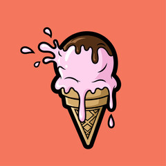 Pink Ice Cream Cone with Chocolate.