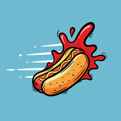 Hot dog in motion with ketchup.