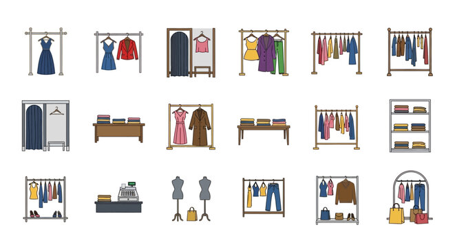 Comprehensive Set of Fashion and Clothing Store Icons for Retail and Apparel Industry on Isolated White Background