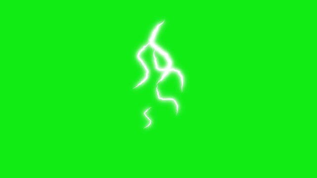 White electric lightning strike effect animation featuring bright glowing thunderbolt flashes on solid green screen smooth looping ultra sharp high quality 4K