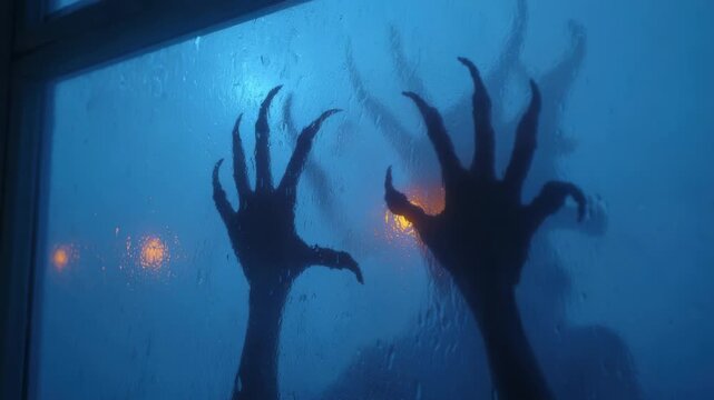 Mysterious figure appears behind foggy window during night in an unknown location