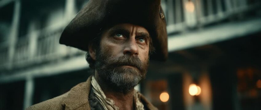 Pirate character prepares for an adventure in an old town setting at dusk during a film shoot