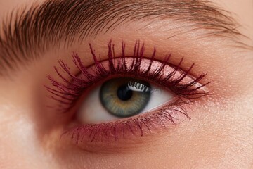 Fototapeta premium Close Up Human Eye Greenish Blue Iris Burgundy Mascara Pink Eyeshadow Yellow Pupil Ring Beauty Photography